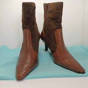 Audrey Brooke Brown Leather & Suede Pointed Toe Kitten Heel Ankle Boots 6M